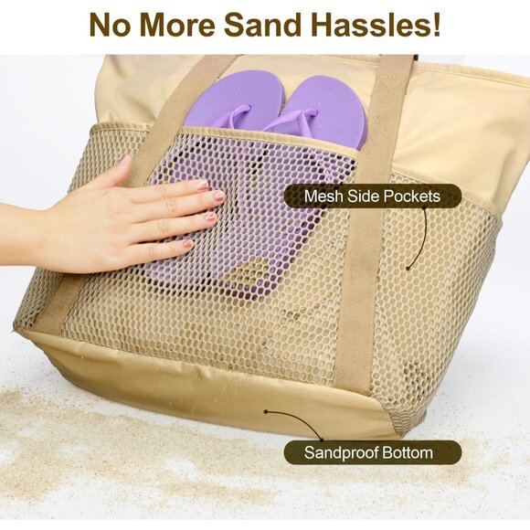 Women's Beige Vacation Waterproof Sandproof With Zipper Mesh Pockets Beach Bag - Picture 4 of 8